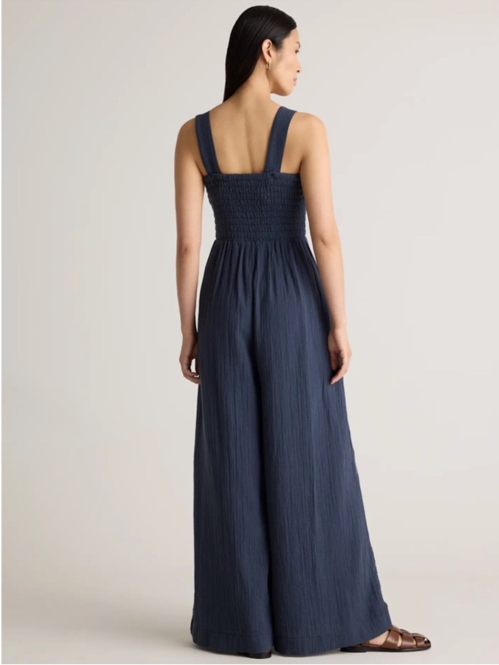 Quince Navy Wide-Leg Smocked Jumpsuit - Picture 2 of 4